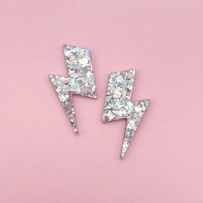 Holographic Silver Glitter Lightning Maxi Earrings
