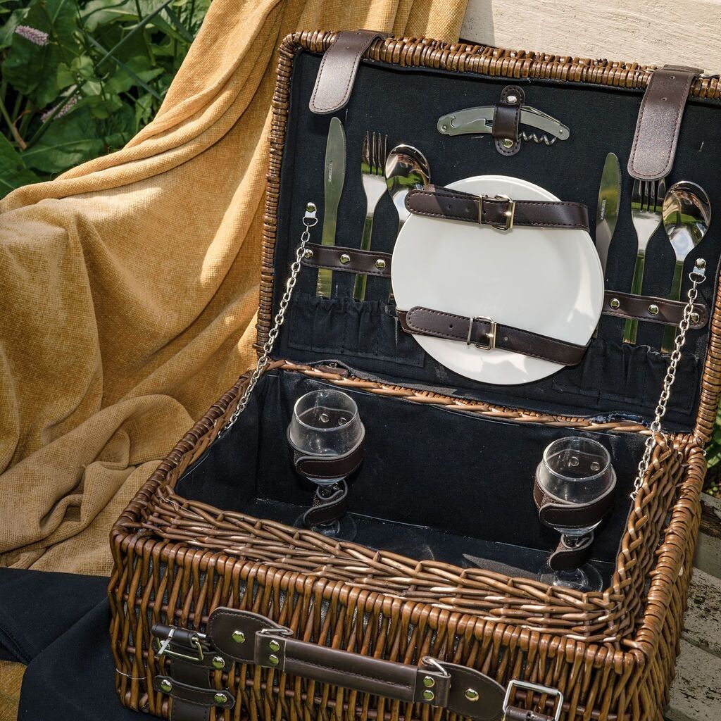 Cestino da picnic per 2 persone con fodera in tessuto nero in vimini di design