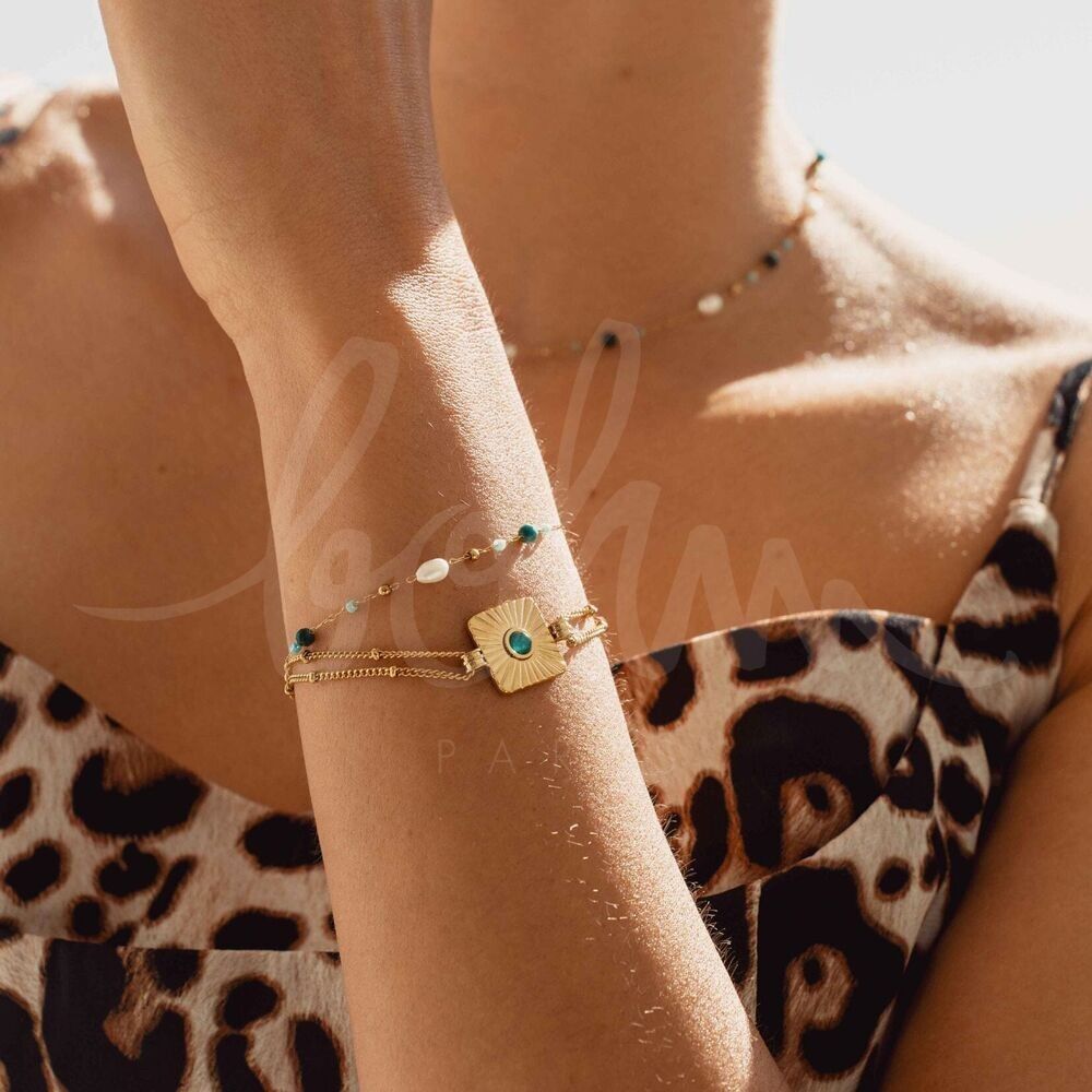 Felise-Armband – Panzerkettenglied, gestreiftes Quadrat und Naturstein