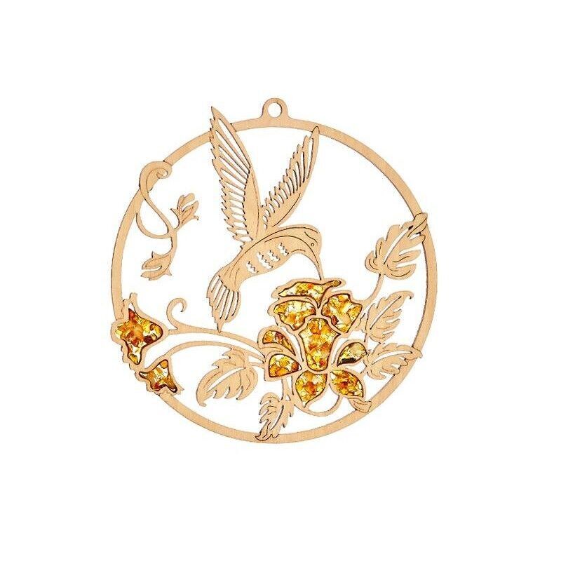 Decorazione colibrì con ambra del Mar Baltico e legno di betulla - FLV24