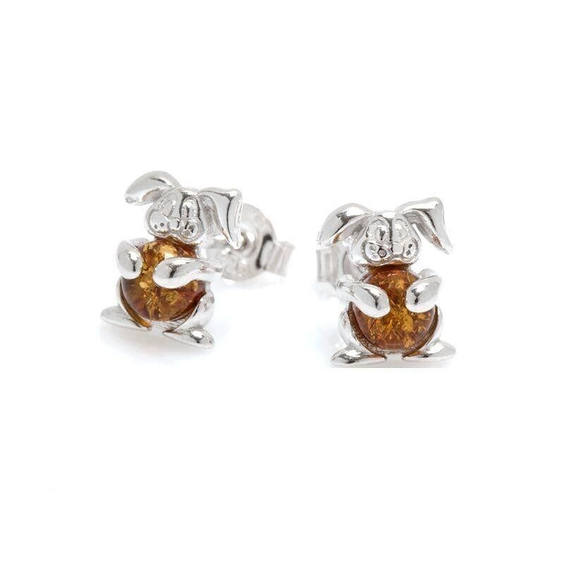 Kinder-Hasen-Ohrstecker mit natürlichem Cognac-Bernstein, aus 925/1000 rhodiniertem Silber – SAT4449EOR-2
