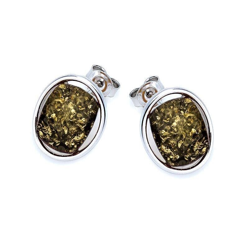 Clous d'oreilles ovale avec ambre vert rectangulaire, en argent rhodié 925/1000 - SA3445EOR