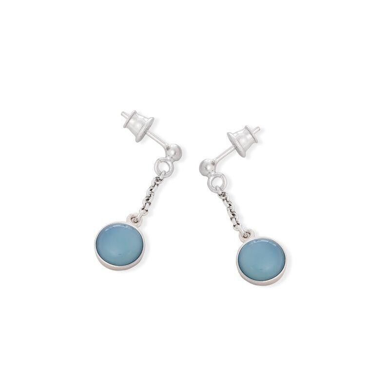 Boucles d'oreilles pendantes ronde avec agate bleue teintée, argent rhodié 925/1000 - CSA-BO005-AB