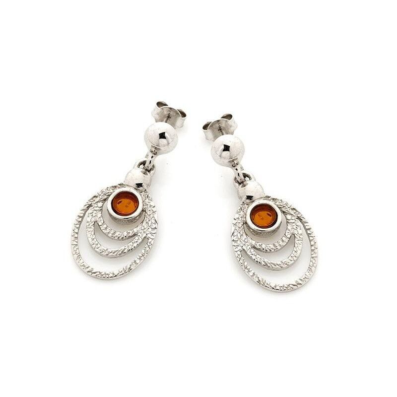 Orecchini pendenti occhio di pavone con ambra cognac, argento rodiato - KL22ER