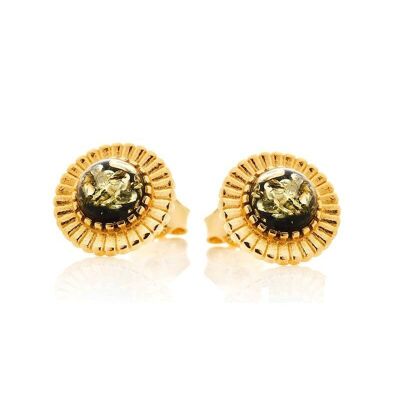 Sun stud earrings with round natural green amber, in 925/1000 gold-plated silver - AB-BO021VD