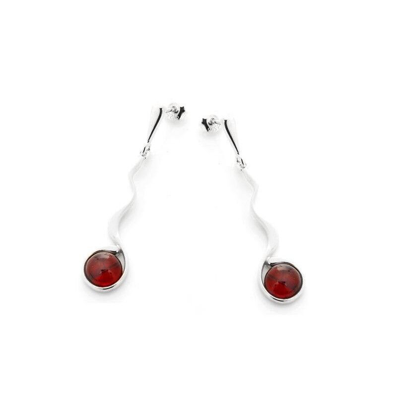 Orecchini lunghi con ambra cognac naturale tonda, in argento 925/1000 rodiato - GD-BO087R