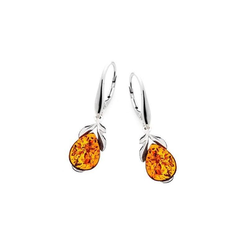 Orecchini pendenti con goccia di ambra naturale cognac, argento rodiato 925/1000 - SA4233EOR