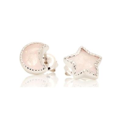 Star and Moon Stud Earrings with Natural Rose Quartz Star, Rhodium Silver - CJF-BO096R