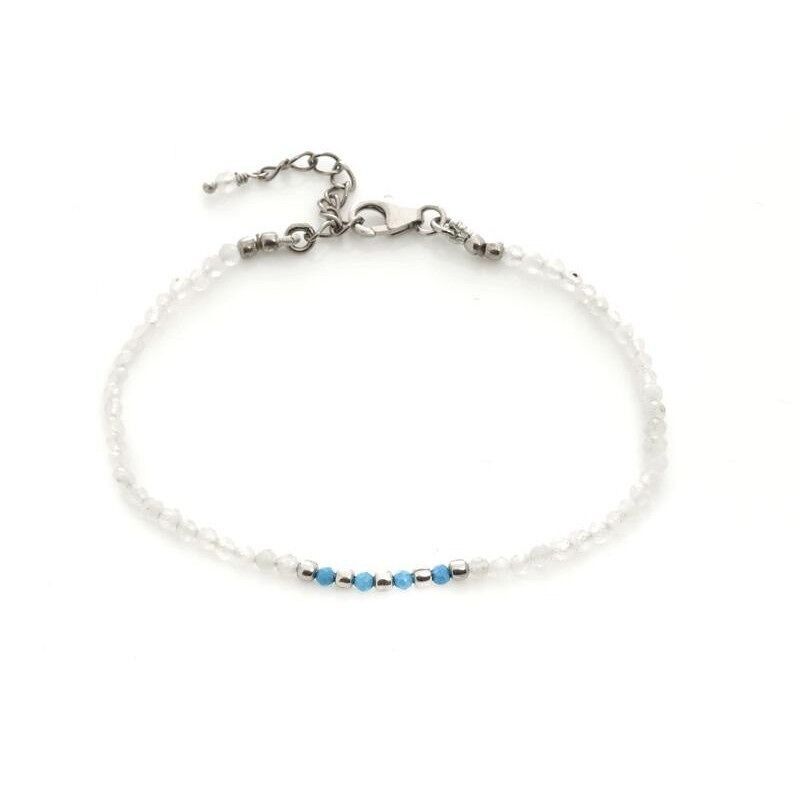 Bracciale con pietra di luna e turchese, argento 925/1000 rodiato, lunghezza 16+3 cm - CCP-BR034
