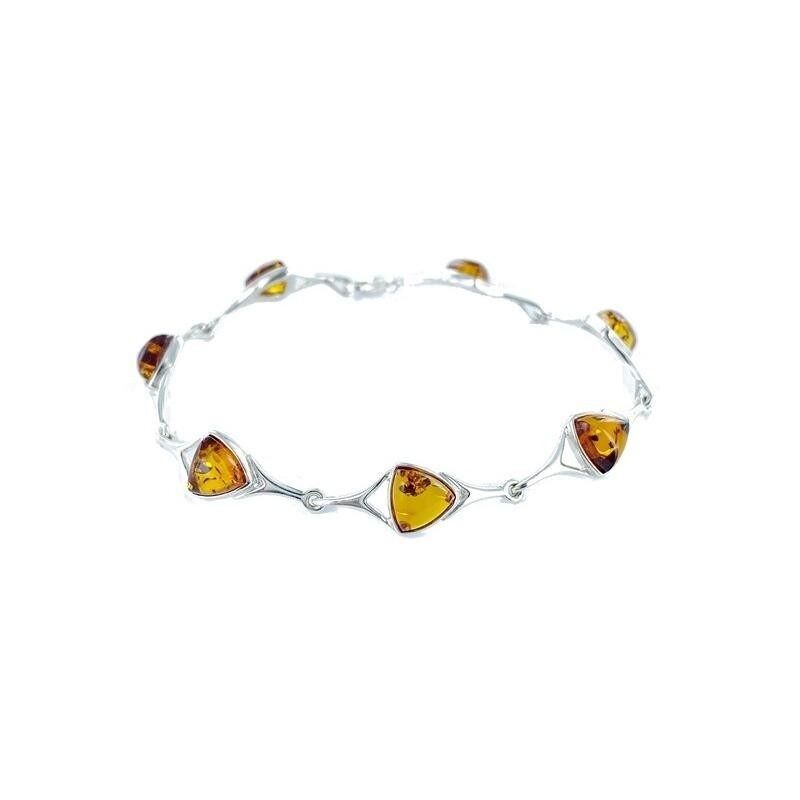 Bracciale con triangolo di ambra cognac naturale, in argento 925/1000 rodiato, lunghezza 18 cm - AJB3-418