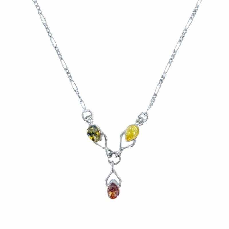 Necklace with natural multi-colored amber from the Baltic Sea, in rhodium-plated silver 925/1000 - KM0010NMR