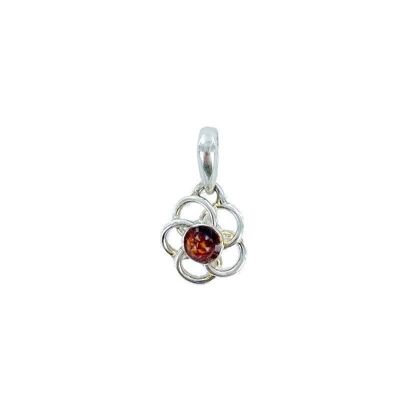 Ciondolo fiore con ambra tonda cognac, in argento 925/1000 rodiato, altezza 1,1+0,8 cm - AJW6-783