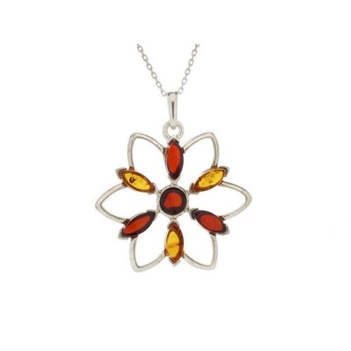 Pendentif fleur avec ambre multicolore naturel, en argent rhodié 925/1000 - KL003PR