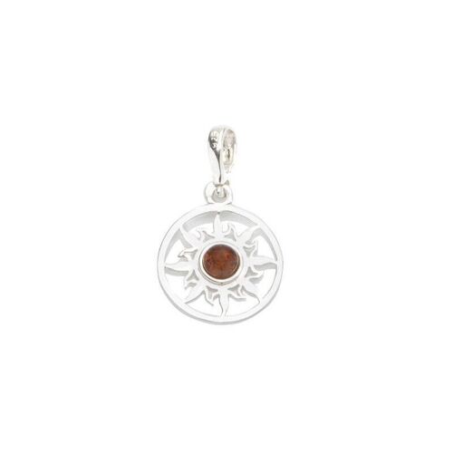 Pendentif soleil avec ambre cognac, en argent rhodié 925/1000, diamètre 1,5+1 cm - KM950WR