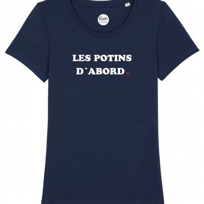 T-Shirt Femme - Les potins d'abord - Navy - Velours Blanc