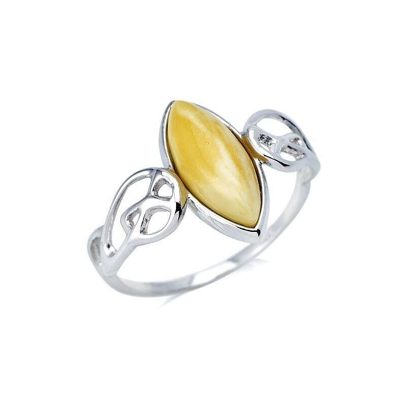 Ring with natural honey amber from the Baltic Sea navette, in rhodium silver 925/1000 - AJP7-367WR