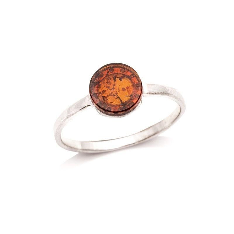 Anello con ambra cognac naturale del Mar Baltico rotonda, in argento rodiato 925/1000 - ZIDZ258PR