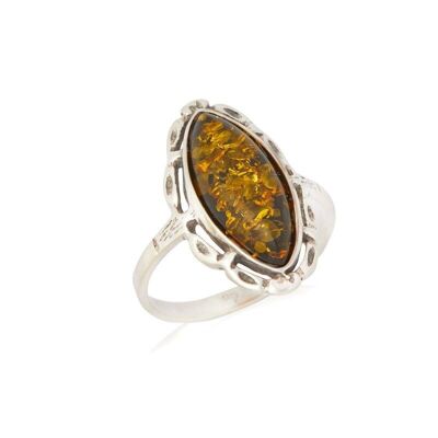 Large stone ring with natural green amber navette, in aged rhodium silver 925/1000 - GDP45V