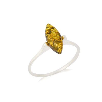 Ring with Baltic Sea green amber navette, in rhodium silver 925/1000 - GDP52VR