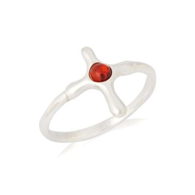 Anillo cruzado con ámbar coñac natural redondo, en plata rodiada 925/1000 - AR-BA015