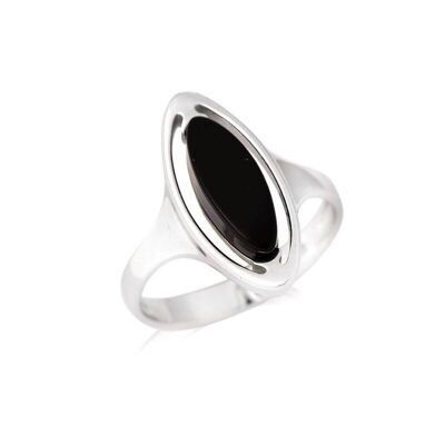 Ring with natural tinted black agate navette, in rhodium silver 925/1000 - CSA-BA004-AN