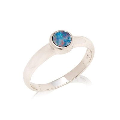 Anello con opale blu tondo australiano doppietto, in argento rodiato 925/1000 - PE088R