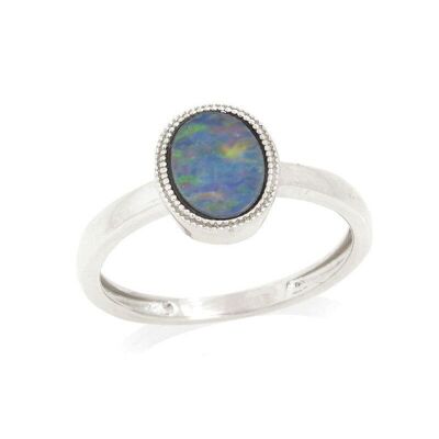 Ring with oval Australian doublet blue opal, in 925/1000 rhodium silver - PE101R