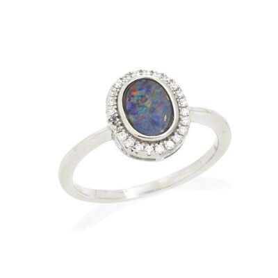 Ring with oval doublet opal and zirconium oxide, in rhodium-plated silver 925/1000 - PE102R