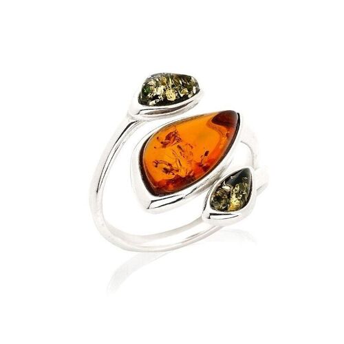 Bague multipierres avec ambre multicolore naturel, argent rhodié - GI-BA057MR