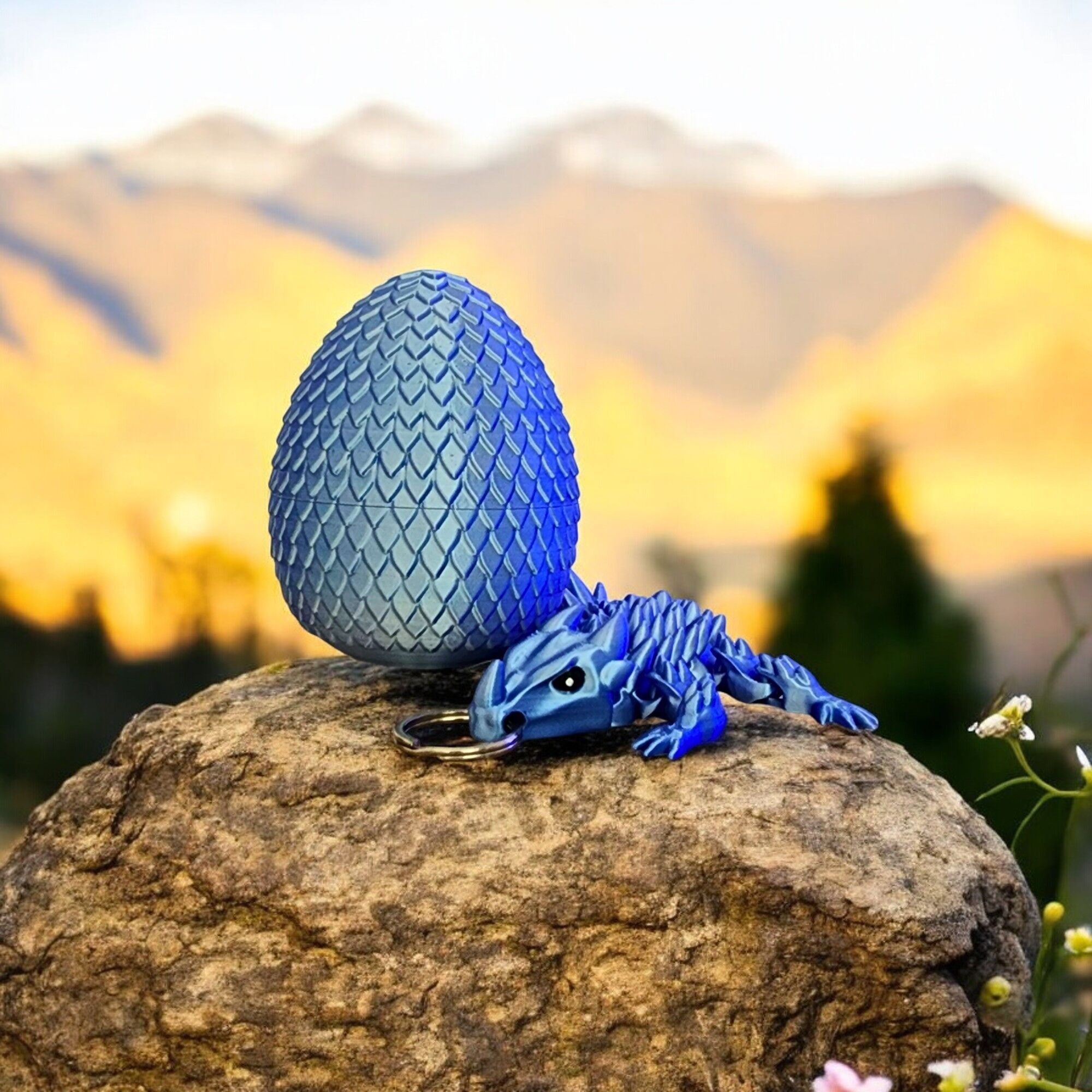 3D Blue Articulated Dragon with Egg Dragon Egg Figurine