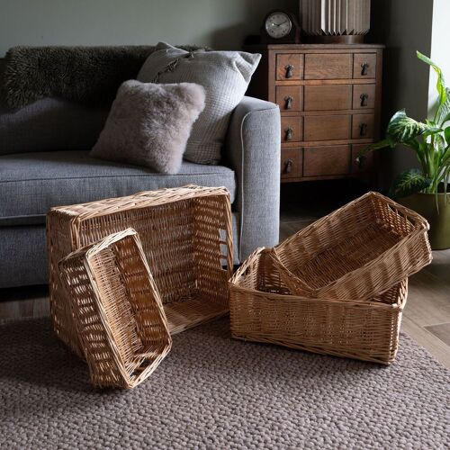 Natural Rectangular Wicker Shallow Storage Tray - Set of 4