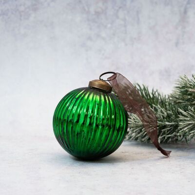 3" Emerald Glass Ribbed Ball Decoration