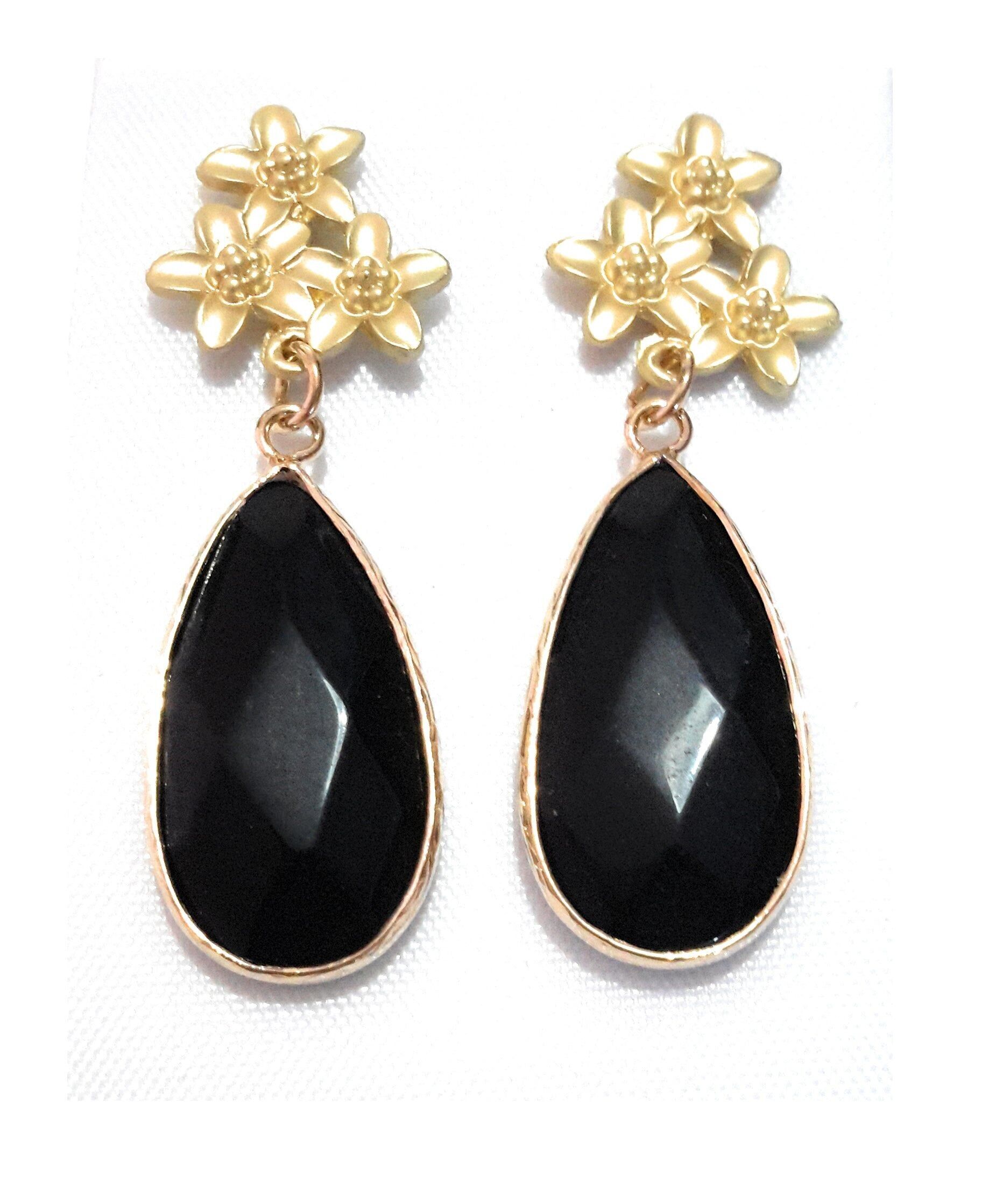 Orecchini Pietre Semipreziose Fiori Dorati Neri