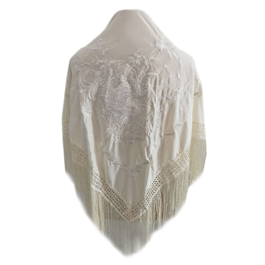 Grande scialle flamenco ricamato avorio floreale ricamato avorio (160 x 85 cm)