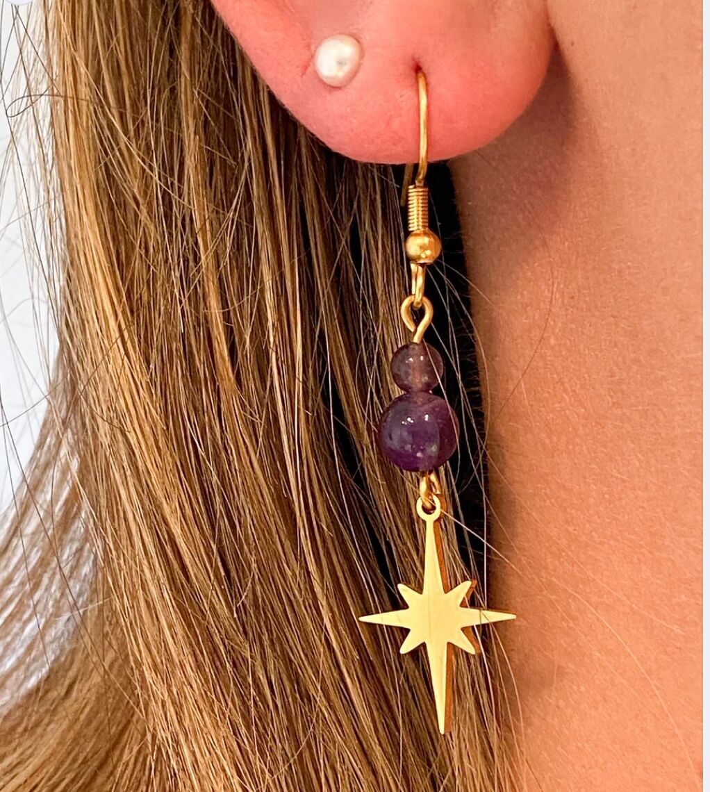 Boucles d'Oreilles Étoile en Améthyste et Acier Inoxydable Doré – Bijoux Brillants et Raffinés