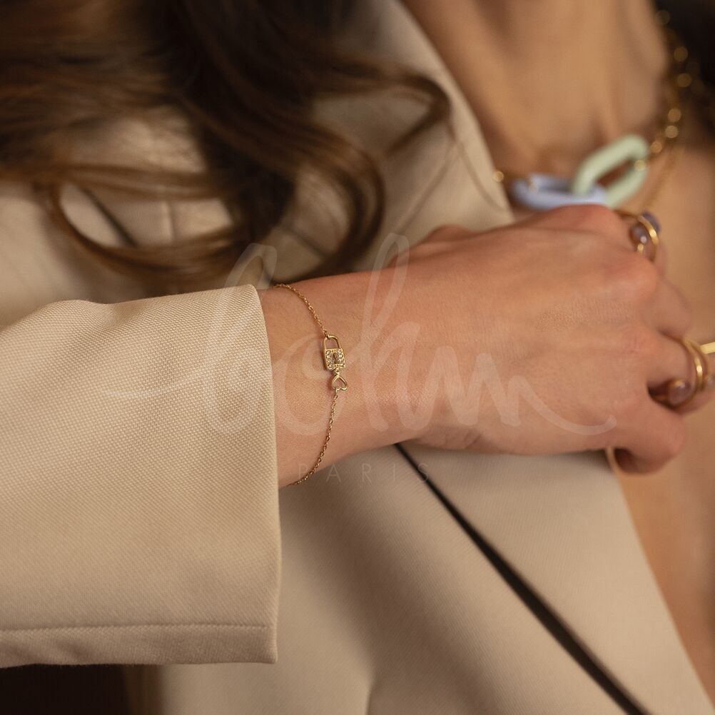 Léna-Armband – Edelstahl mit Vorhängeschloss, Herz und Zirkonoxiden