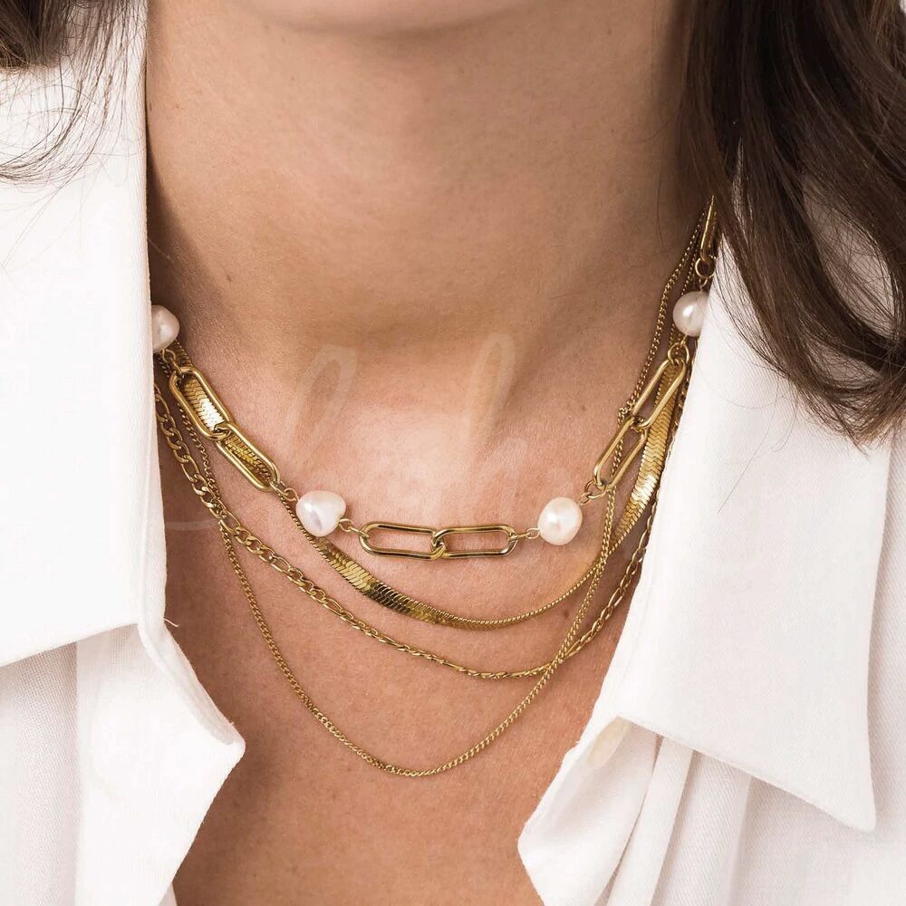 Nadja 3-reihige Halskette – Spiegel, Figaro und feine Armbandglieder