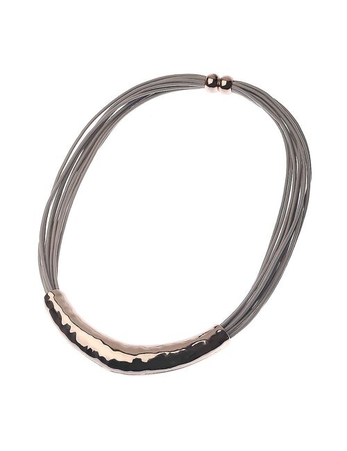 Hammered Tube Multi Strand Leather Necklace With Magnetic Clasp