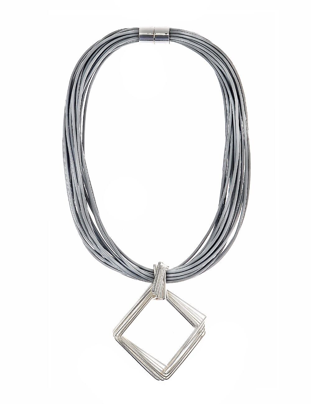 Urban Luxe Multi Row Grey Leather Necklace With Diamond Pendant