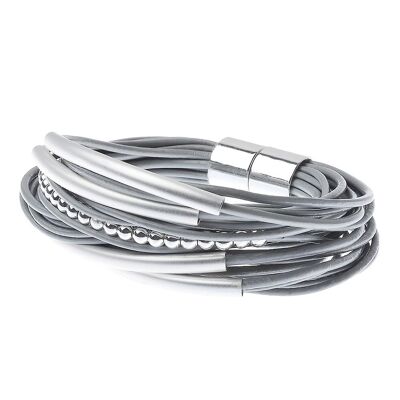 Pulsera magnética de cuero de varias hileras con detalles en forma de tubo