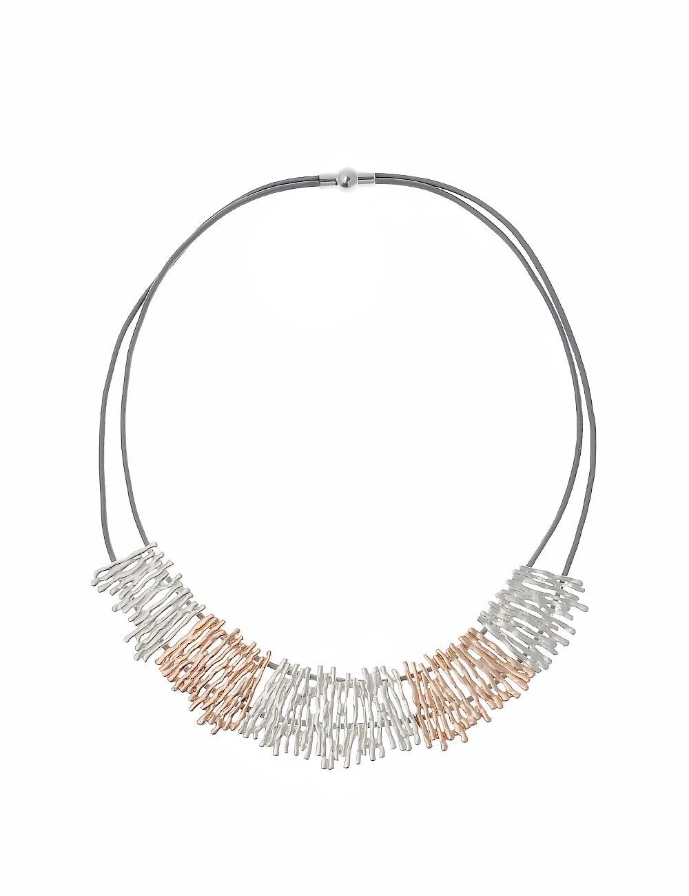 Collana in pelle grigia doppia con accenti in argento opaco e oro rosa