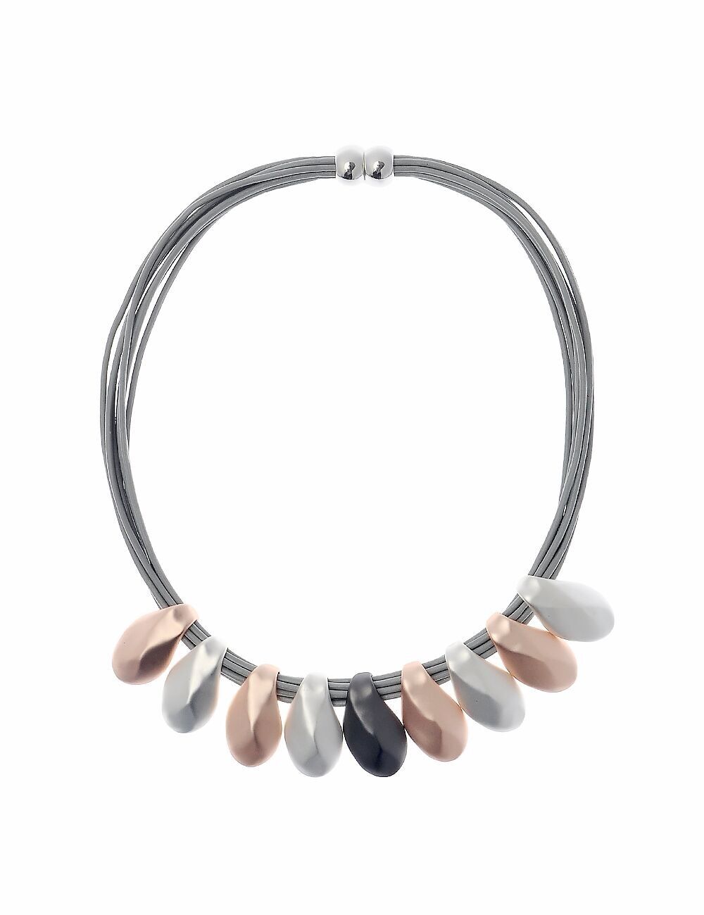 Collana alla moda in pelle grigia multifilo con gocce asimmetriche