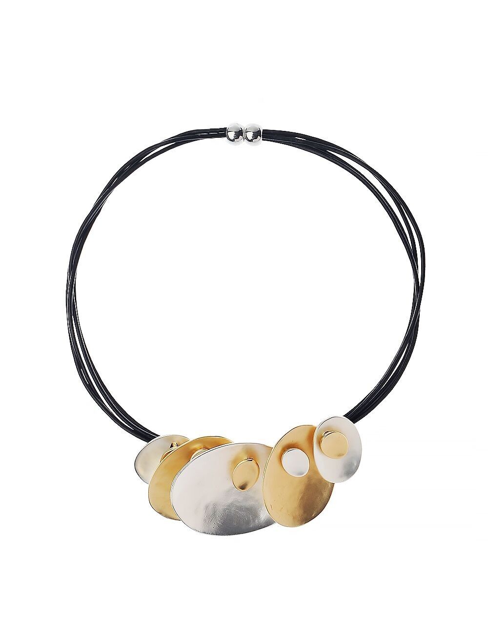 Collana multifilo in pelle nera audace con pendente duo ovale opaco