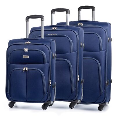 Lot de 3 valises trolley extensibles en tissu semi-rigide. Verrouillage numérique, 4 roues rotatives à 360°.