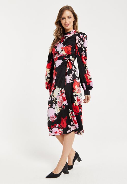 Liquorish Rose Print Midi Wrap Dress With Open Back Detail