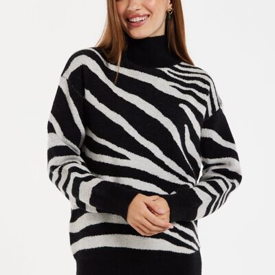 Women's Jumper with Long Sleeves in Mono Zebra Pattern - High Neck Design for Warmth and Comfort, Liquorish