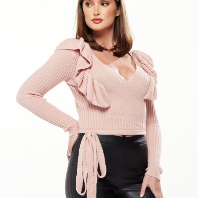 Divine Grace Frill Sleeve Detail Wrap Cardigan in Pink