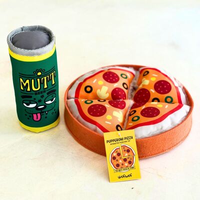 WufWuf Pupperroni Pizza & Mutt Beer Combo Pack, giocattoli interattivi per cani di peluche