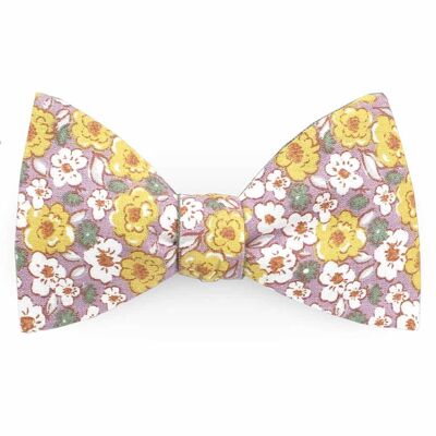 Purple parma, yellow bow tie and sage green linen lapel floral shabby chic