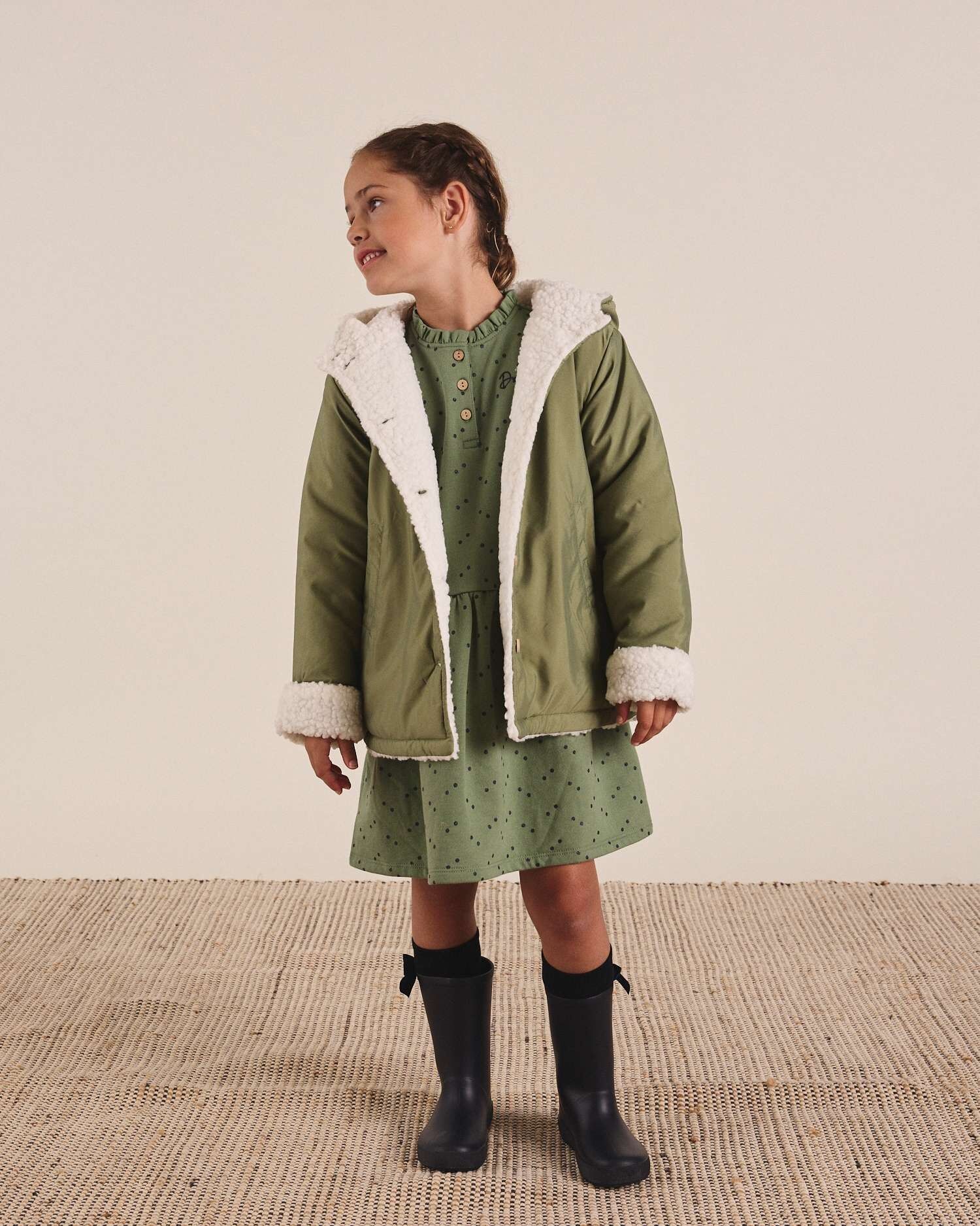 Cappotto verde da bambino con cappuccio e fodera in shearling sintetico L76-11406281